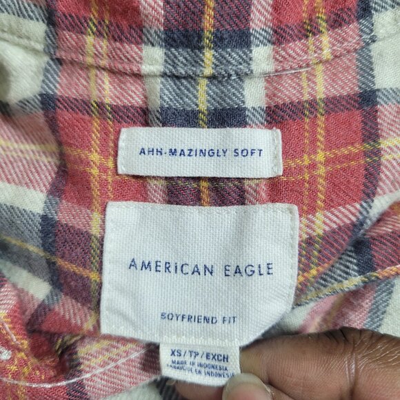 American Eagle Red Cozy Ahh-Mazingly Soft Plaid Flannel Shirt XS Boyfriend Fit - Picture 9 of 11